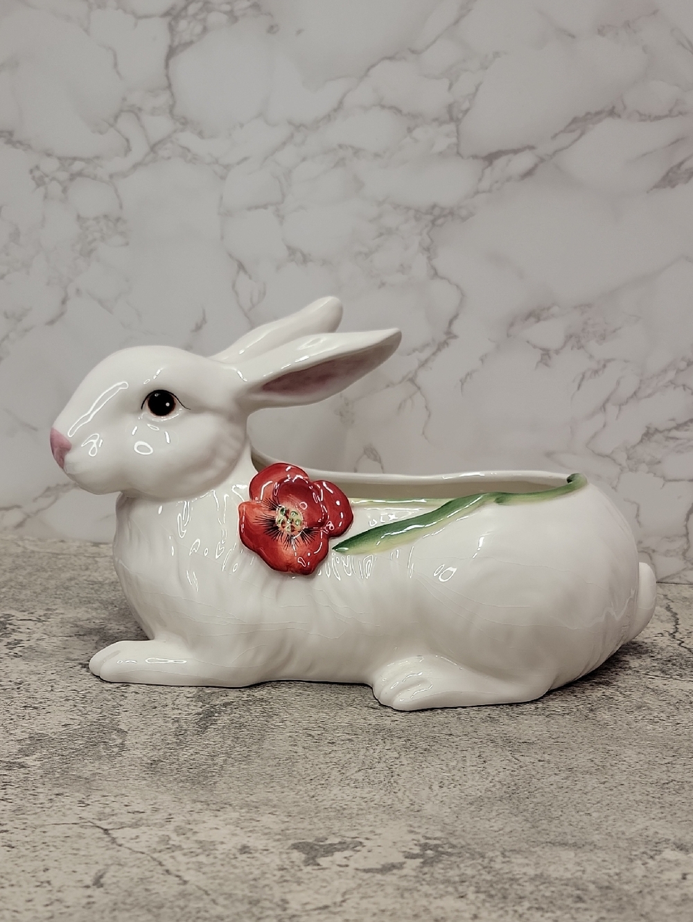 Vintage Fitz & Floyd Bunny Rabbit Planter Poppies Cottage Core